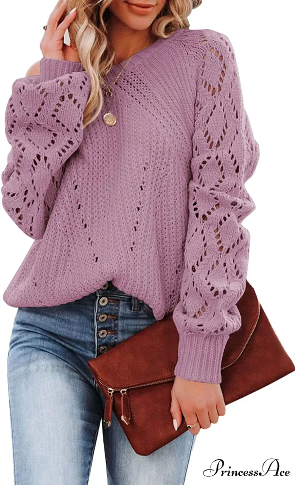 Women's Casual Long Sleeve Crewneck Crochet Sweater - Image 9