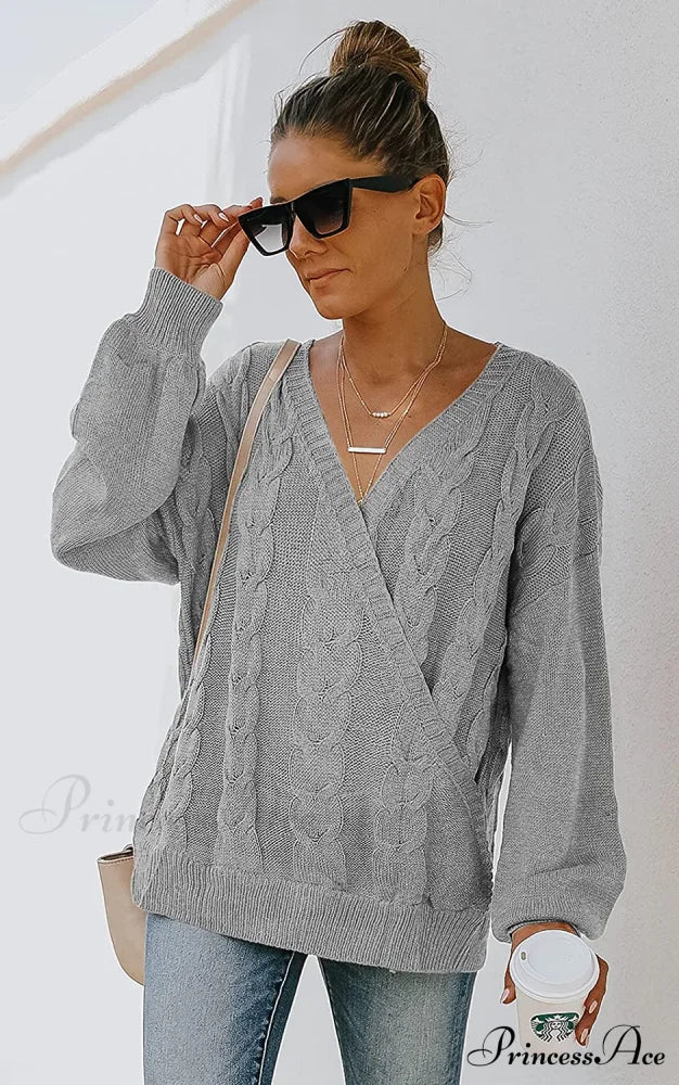 Women's Casual Long Sleeve Deep V Neck Wrap Pullover Sweater - Image 2