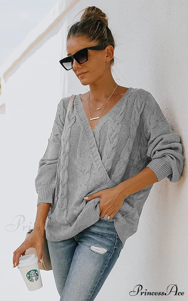 Women's Casual Long Sleeve Deep V Neck Wrap Pullover Sweater - Image 3