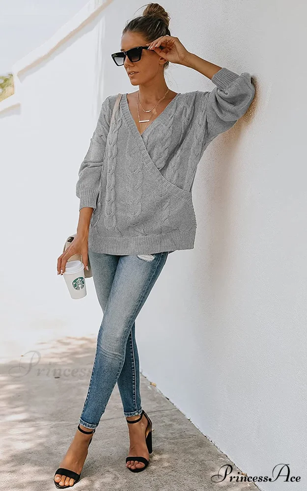 Women's Casual Long Sleeve Deep V Neck Wrap Pullover Sweater - Image 4