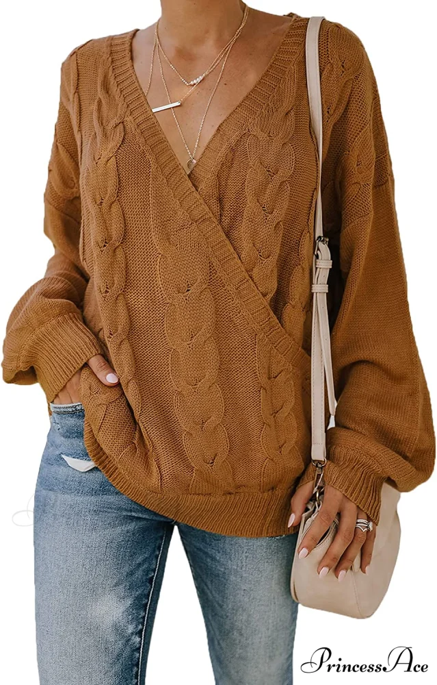 Women's Casual Long Sleeve Deep V Neck Wrap Pullover Sweater - Image 6