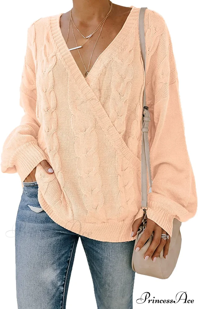 Women's Casual Long Sleeve Deep V Neck Wrap Pullover Sweater - Image 7