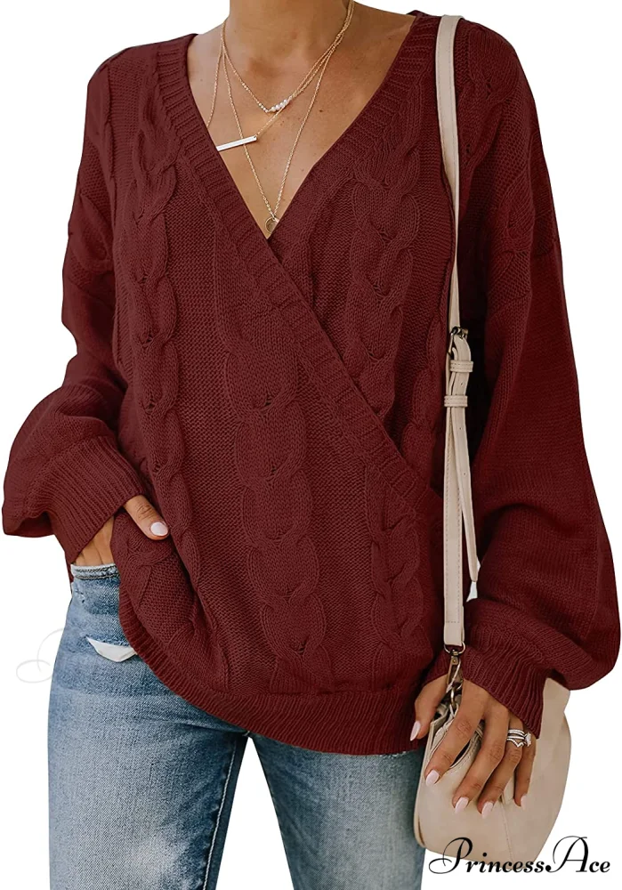 Women's Casual Long Sleeve Deep V Neck Wrap Pullover Sweater - Image 8