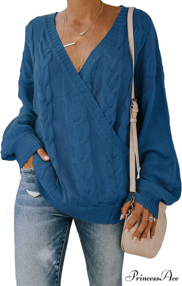 Women's Casual Long Sleeve Deep V Neck Wrap Pullover Sweater - Image 9