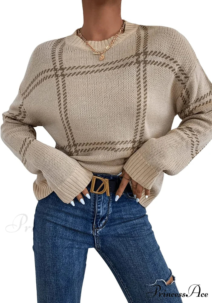 Women's Plaid Long Sleeve Crewneck Pullover Top Sweater - Image 3