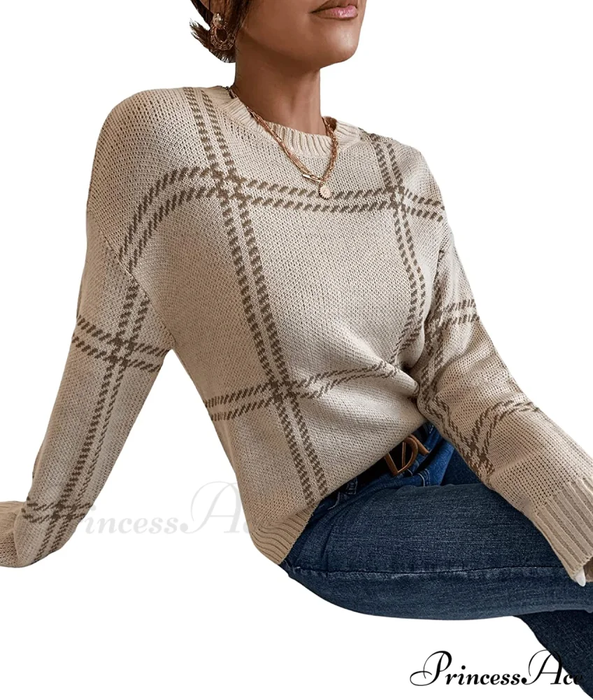 Women's Plaid Long Sleeve Crewneck Pullover Top Sweater - Image 4