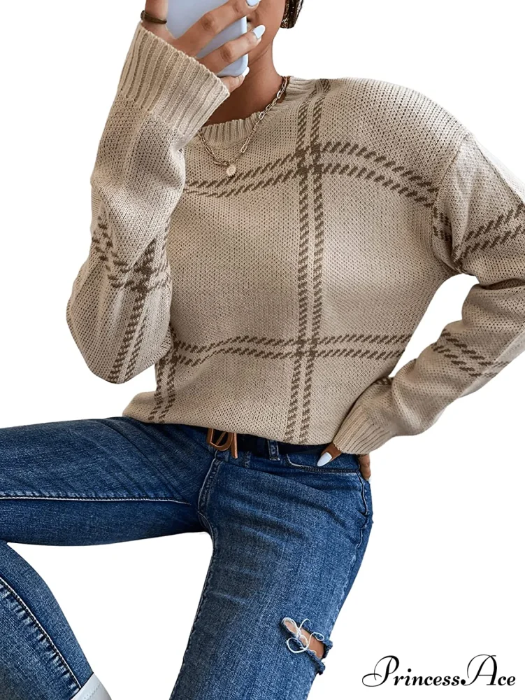 Women's Plaid Long Sleeve Crewneck Pullover Top Sweater - Image 5