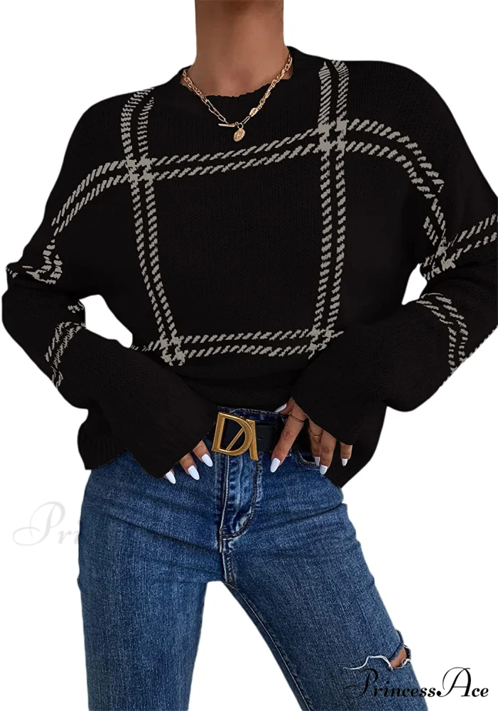 Women's Plaid Long Sleeve Crewneck Pullover Top Sweater - Image 7