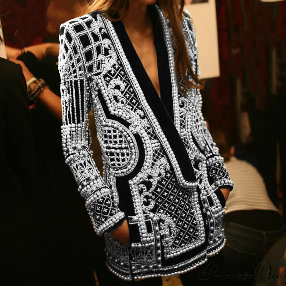 Beading Design Long Sleeve Vintage Coat - Image 4