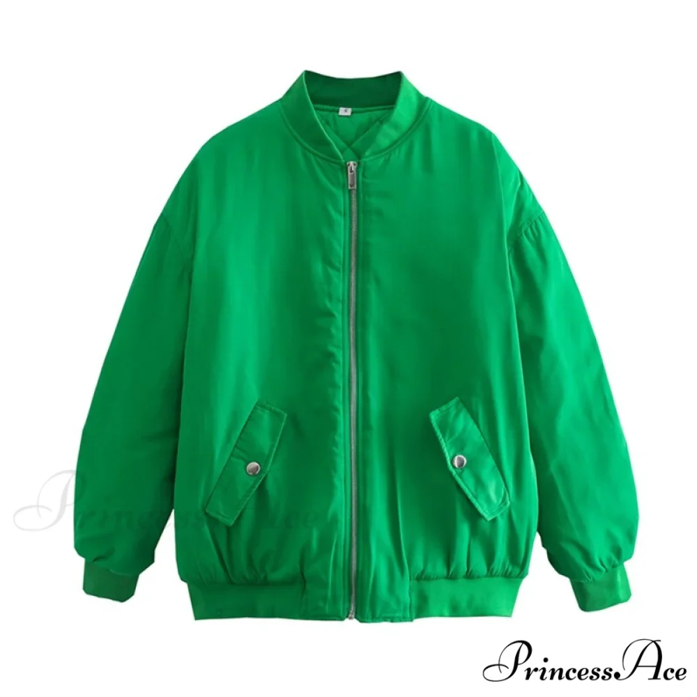 Fashion Zipper Loose Green Bomber Varsity Coat - Image 11
