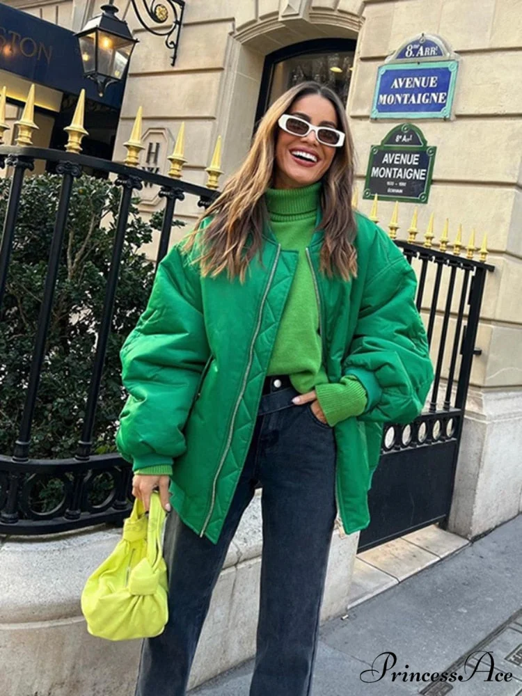 Fashion Zipper Loose Green Bomber Varsity Coat - Image 2
