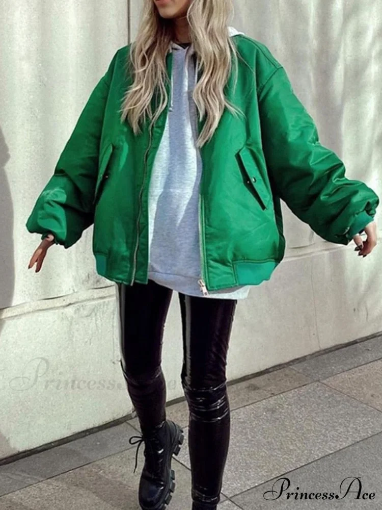 Fashion Zipper Loose Green Bomber Varsity Coat - Image 3