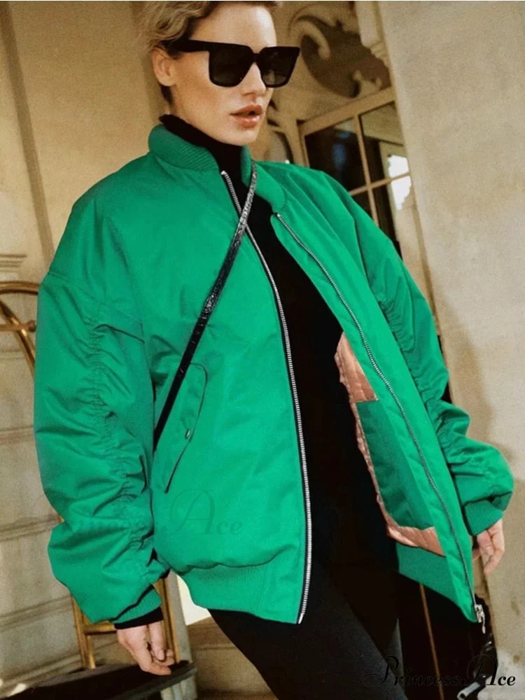 Fashion Zipper Loose Green Bomber Varsity Coat - Image 4