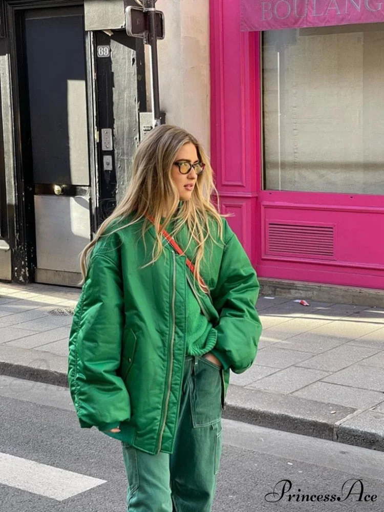 Fashion Zipper Loose Green Bomber Varsity Coat - Image 5