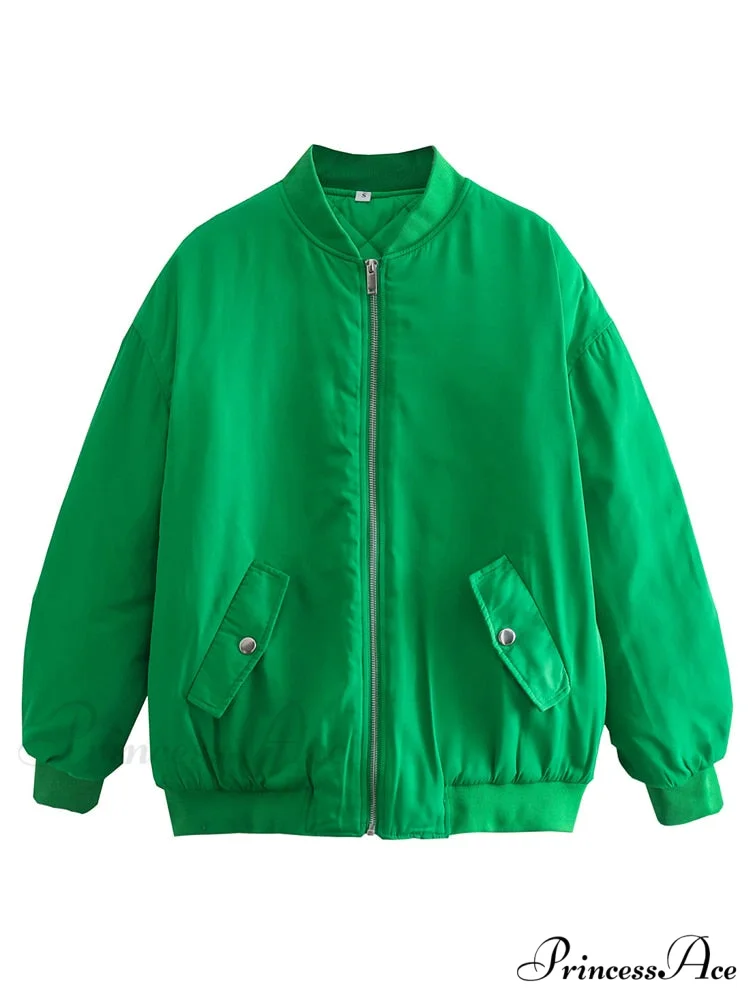Fashion Zipper Loose Green Bomber Varsity Coat - Image 6