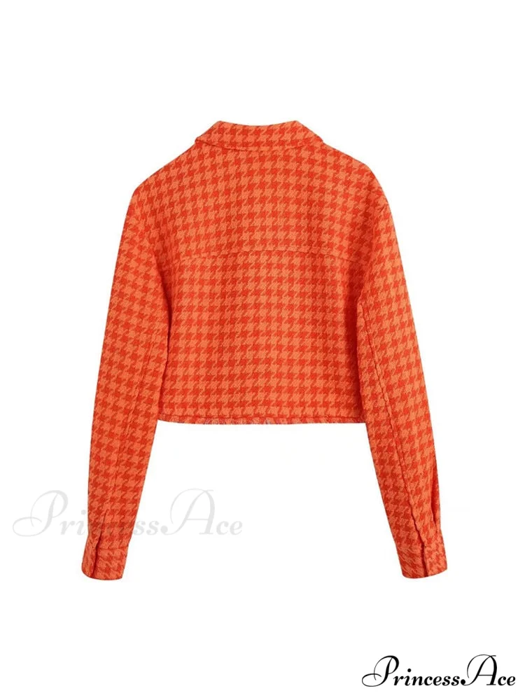Vintage Houndstooth Print Leisure Short Orange Coat - Image 2