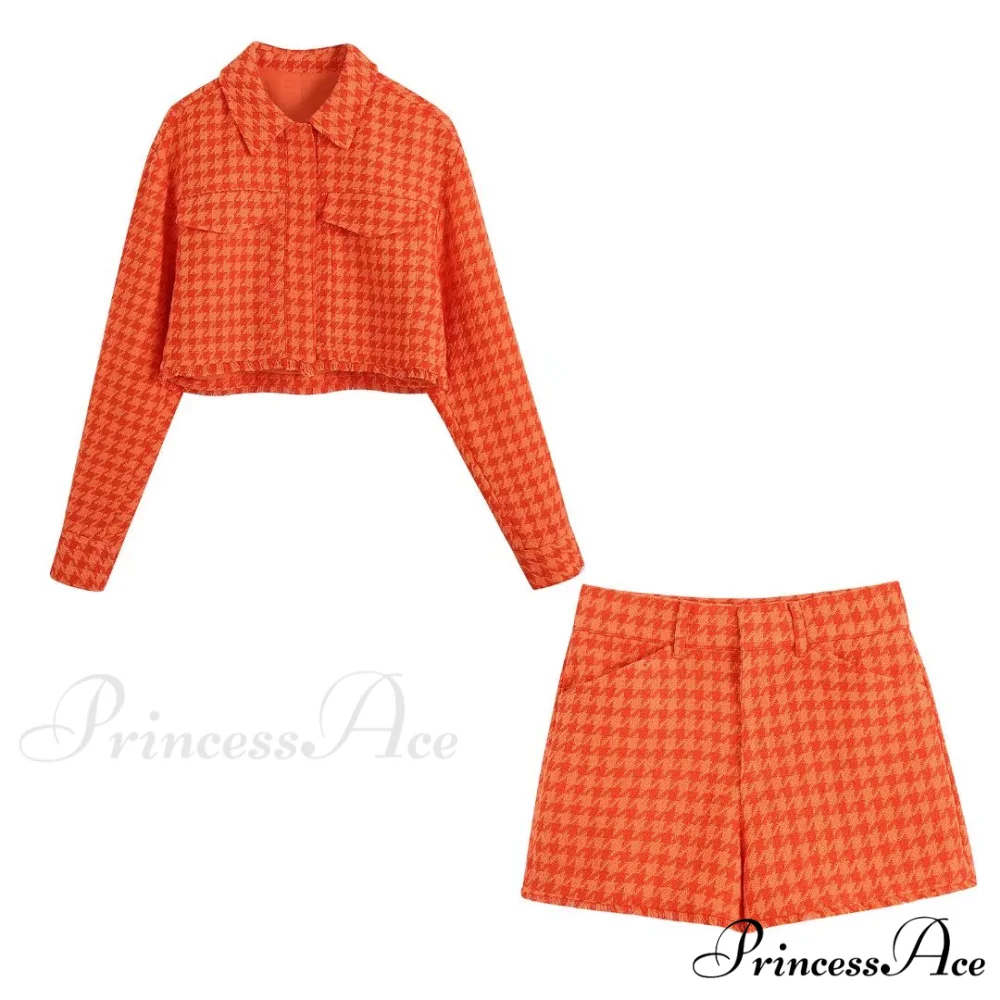Vintage Houndstooth Print Leisure Short Orange Coat - Image 3