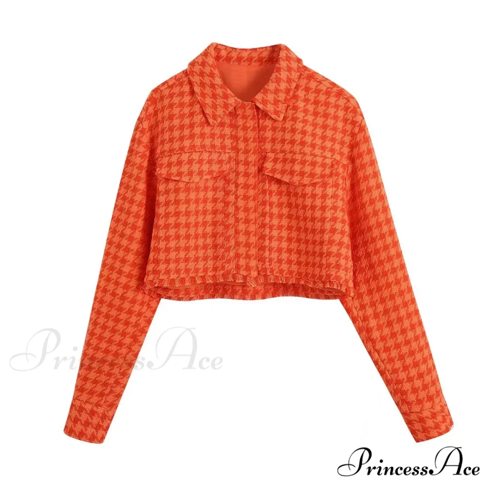 Vintage Houndstooth Print Leisure Short Orange Coat - Image 4