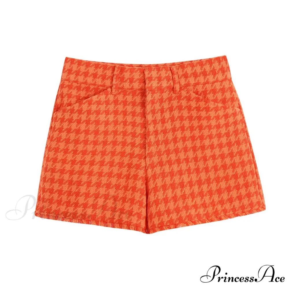 Vintage Houndstooth Print Leisure Short Orange Coat - Image 5