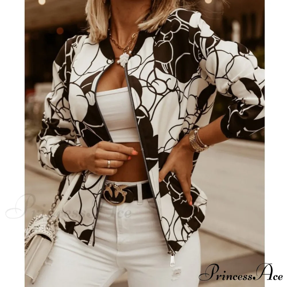 Floral Printed Elegant Zipper Bomber Coat - Image 17