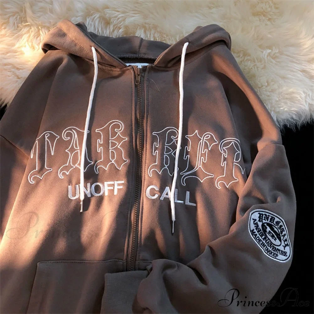 Letter Embroidery Vintage Loose Zipper Hoodies - Image 3