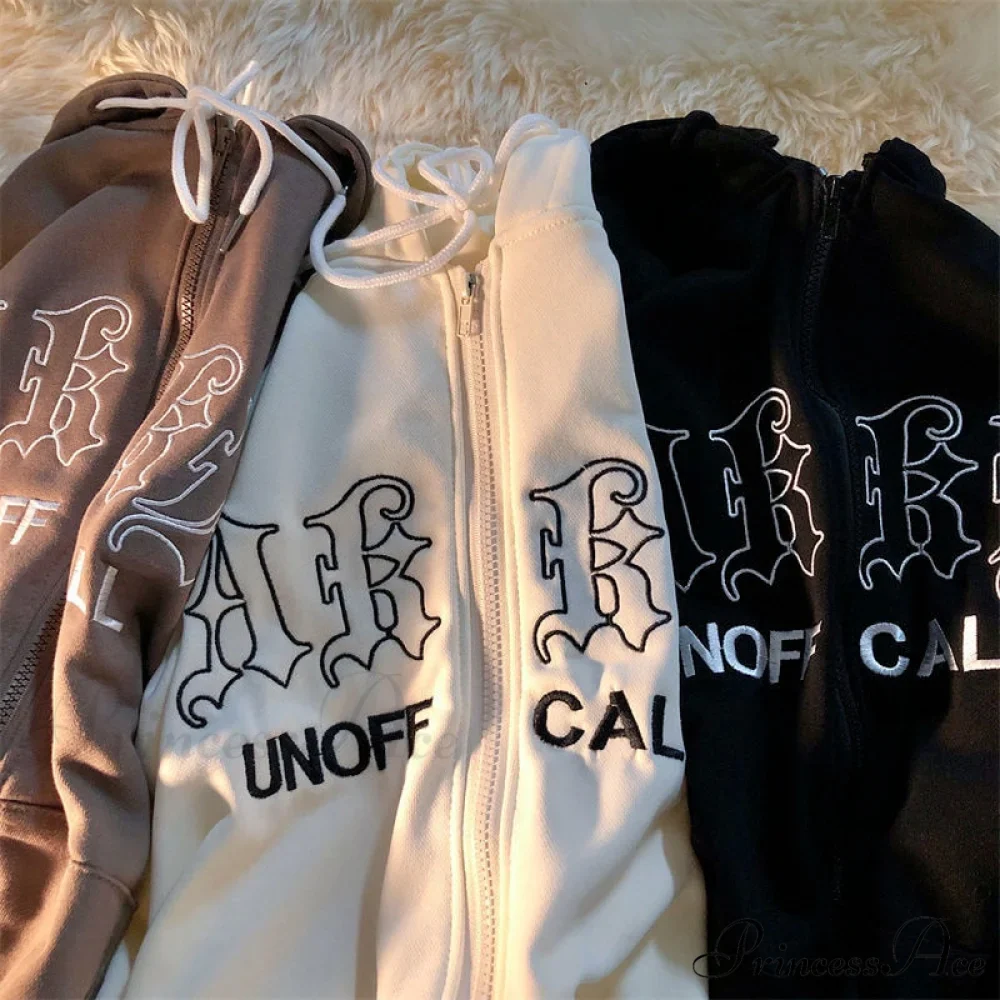 Letter Embroidery Vintage Loose Zipper Hoodies - Image 5