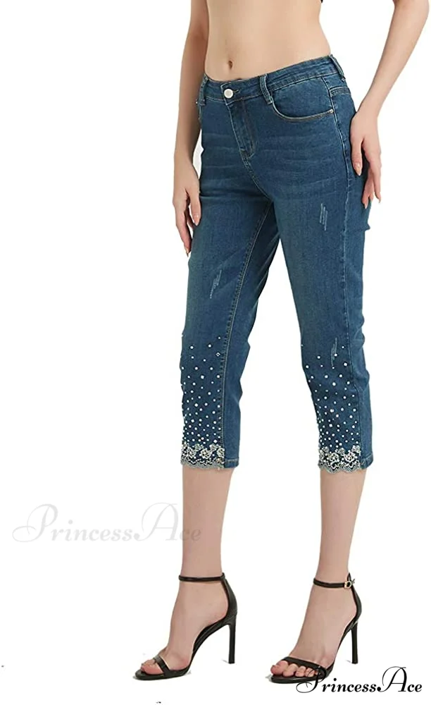 Capri Jeans Embroidered Stretch Mid-Rise Skinny Cropped Denim Capris - Image 3