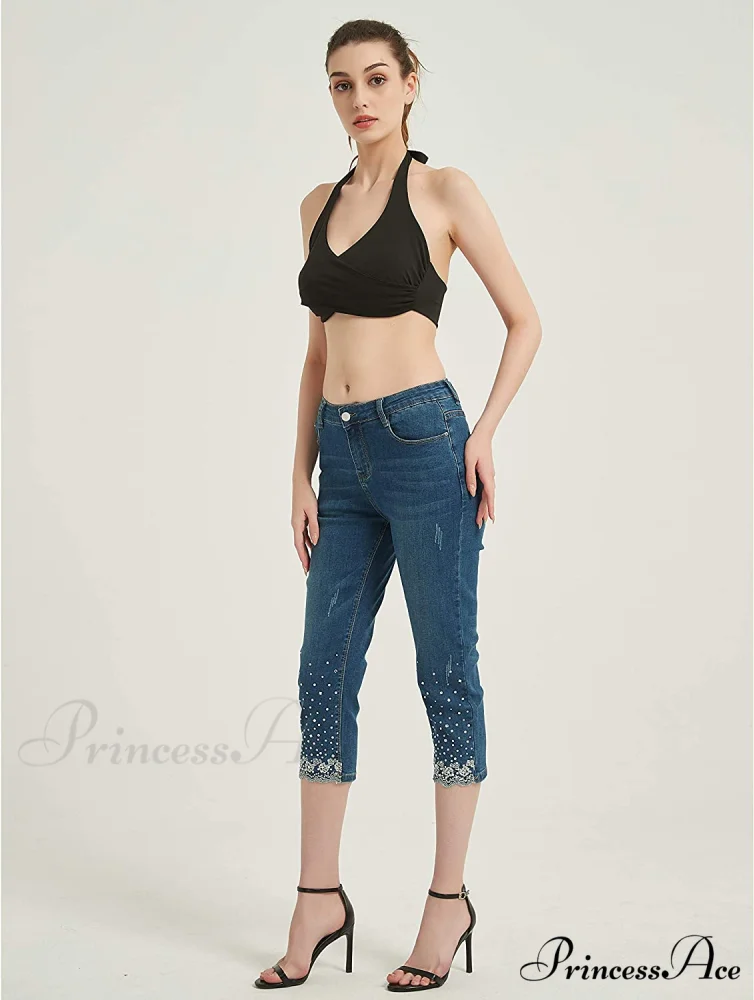 Capri Jeans Embroidered Stretch Mid-Rise Skinny Cropped Denim Capris - Image 4