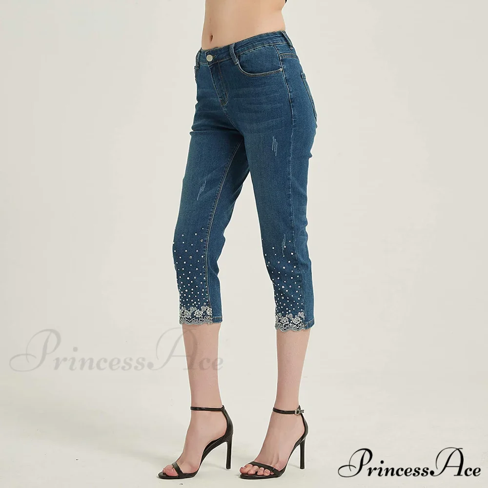 Capri Jeans Embroidered Stretch Mid-Rise Skinny Cropped Denim Capris - Image 5