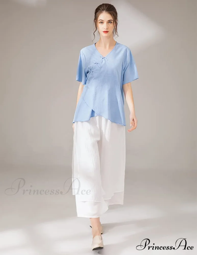 Women's Wide Leg Pants Loose Layer Elastic Waist Capris - Image 3