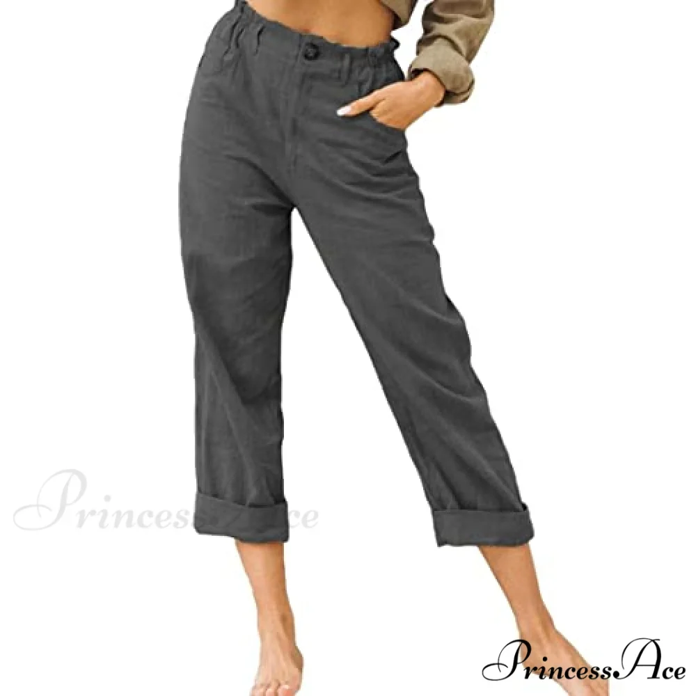 Linen Buttons Cropped Pants High Elastic Waist Stretch Capris - Image 11