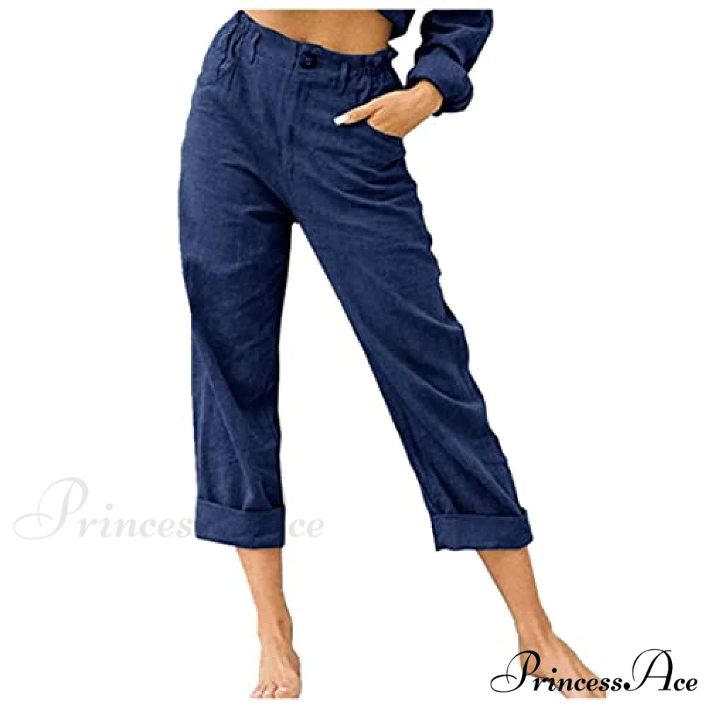 Linen Buttons Cropped Pants High Elastic Waist Stretch Capris - Image 16