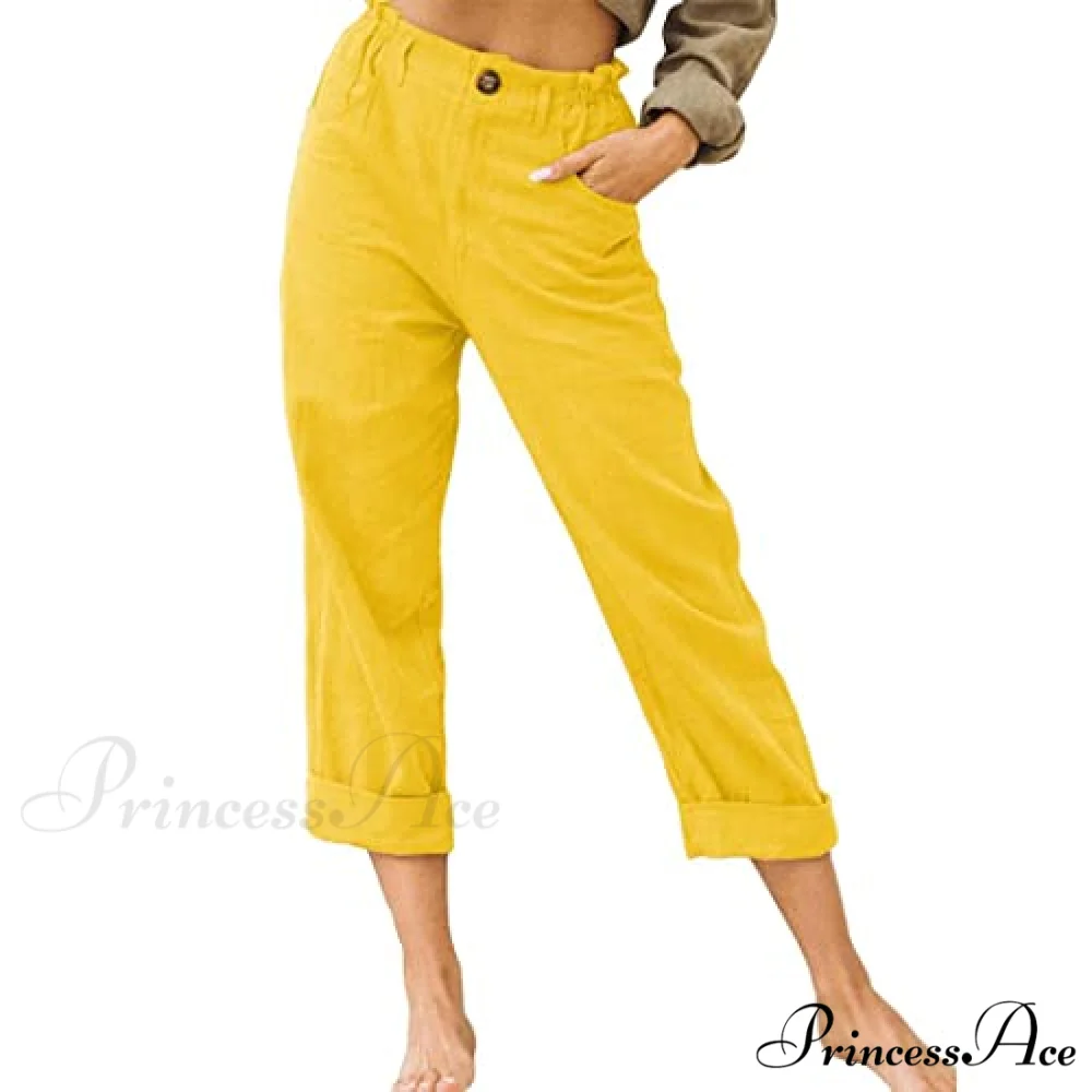 Linen Buttons Cropped Pants High Elastic Waist Stretch Capris - Image 17