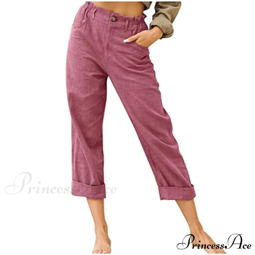Linen Buttons Cropped Pants High Elastic Waist Stretch Capris - Image 18
