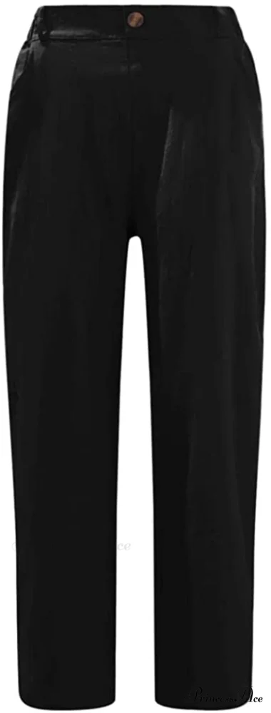 Linen Buttons Cropped Pants High Elastic Waist Stretch Capris - Image 20