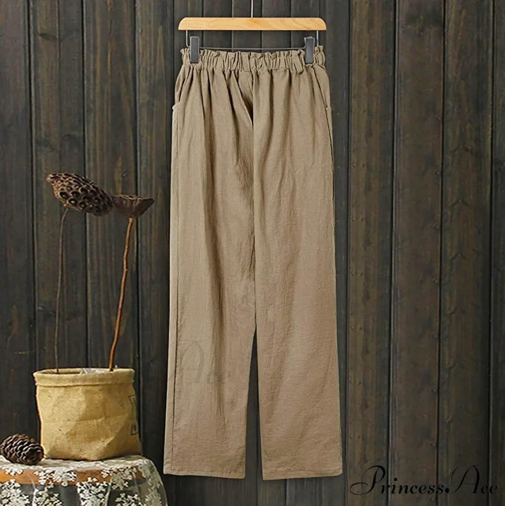 Linen Buttons Cropped Pants High Elastic Waist Stretch Capris - Image 22