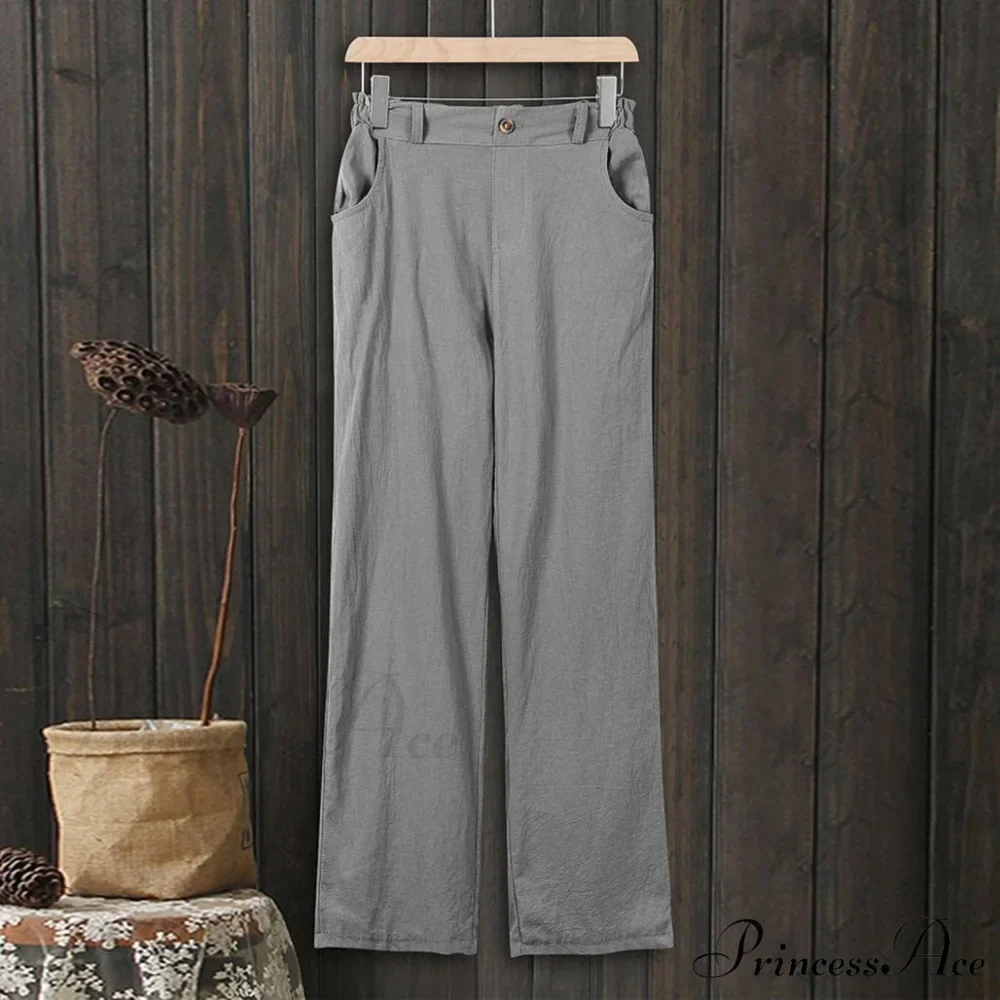 Linen Buttons Cropped Pants High Elastic Waist Stretch Capris - Image 23