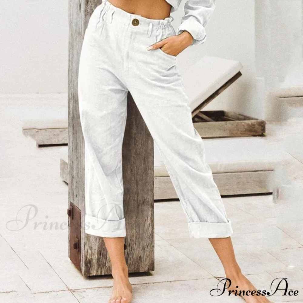 Linen Buttons Cropped Pants High Elastic Waist Stretch Capris - Image 25