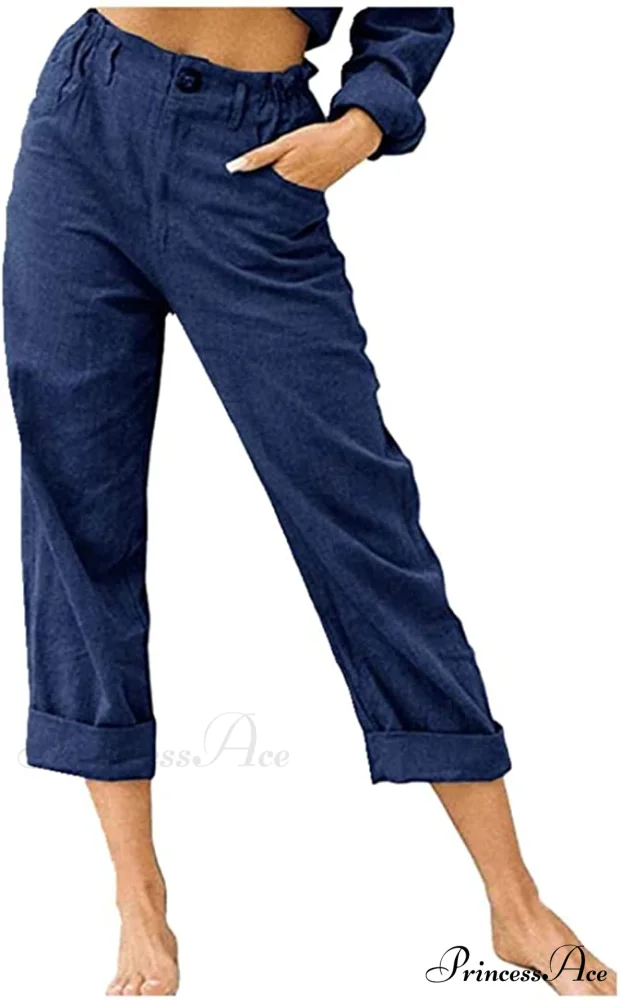 Linen Buttons Cropped Pants High Elastic Waist Stretch Capris - Image 27