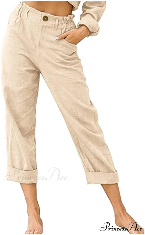 Linen Buttons Cropped Pants High Elastic Waist Stretch Capris - Image 28