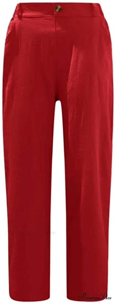 Linen Buttons Cropped Pants High Elastic Waist Stretch Capris - Image 3