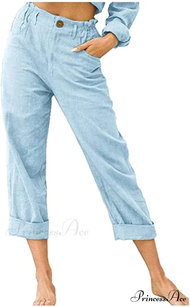 Linen Buttons Cropped Pants High Elastic Waist Stretch Capris - Image 32
