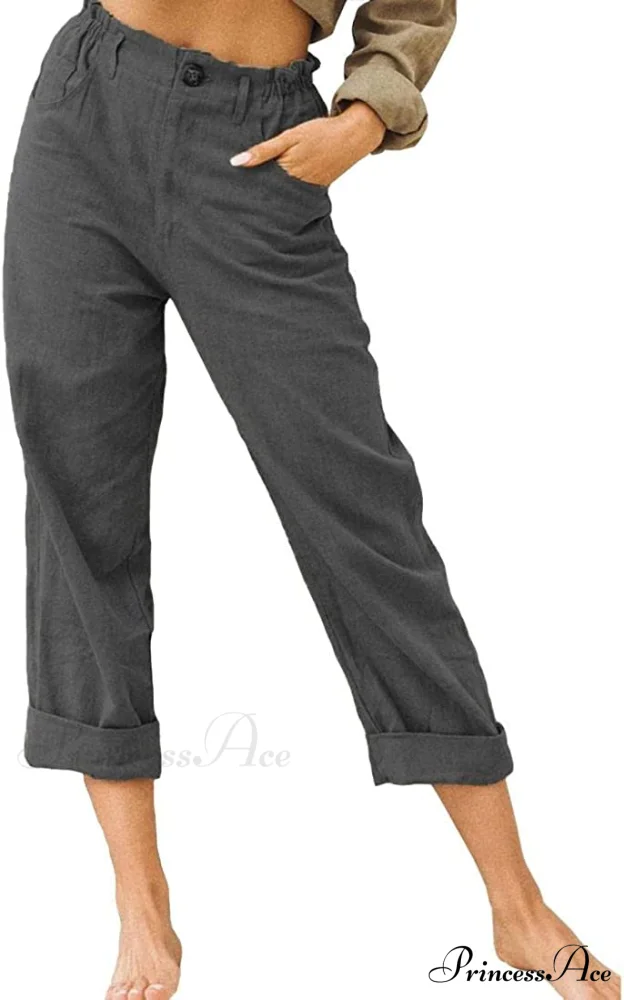 Linen Buttons Cropped Pants High Elastic Waist Stretch Capris - Image 35