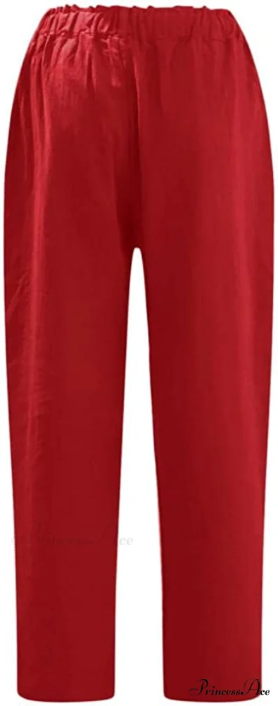 Linen Buttons Cropped Pants High Elastic Waist Stretch Capris - Image 4