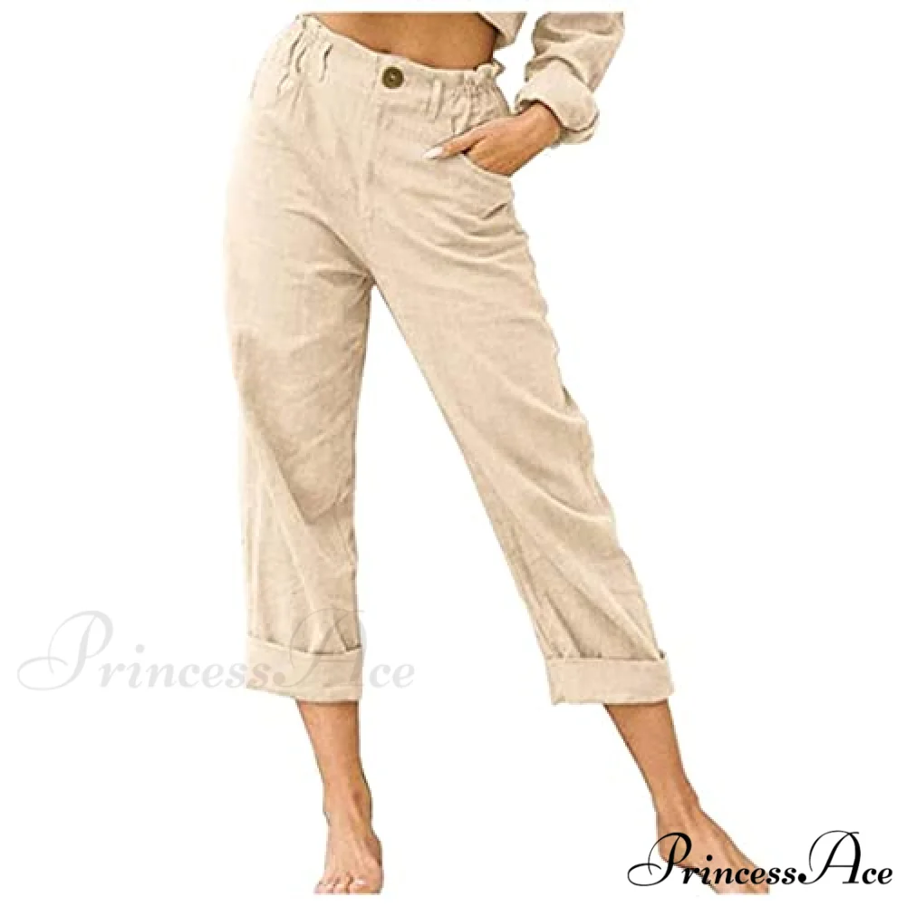 Linen Buttons Cropped Pants High Elastic Waist Stretch Capris - Image 7
