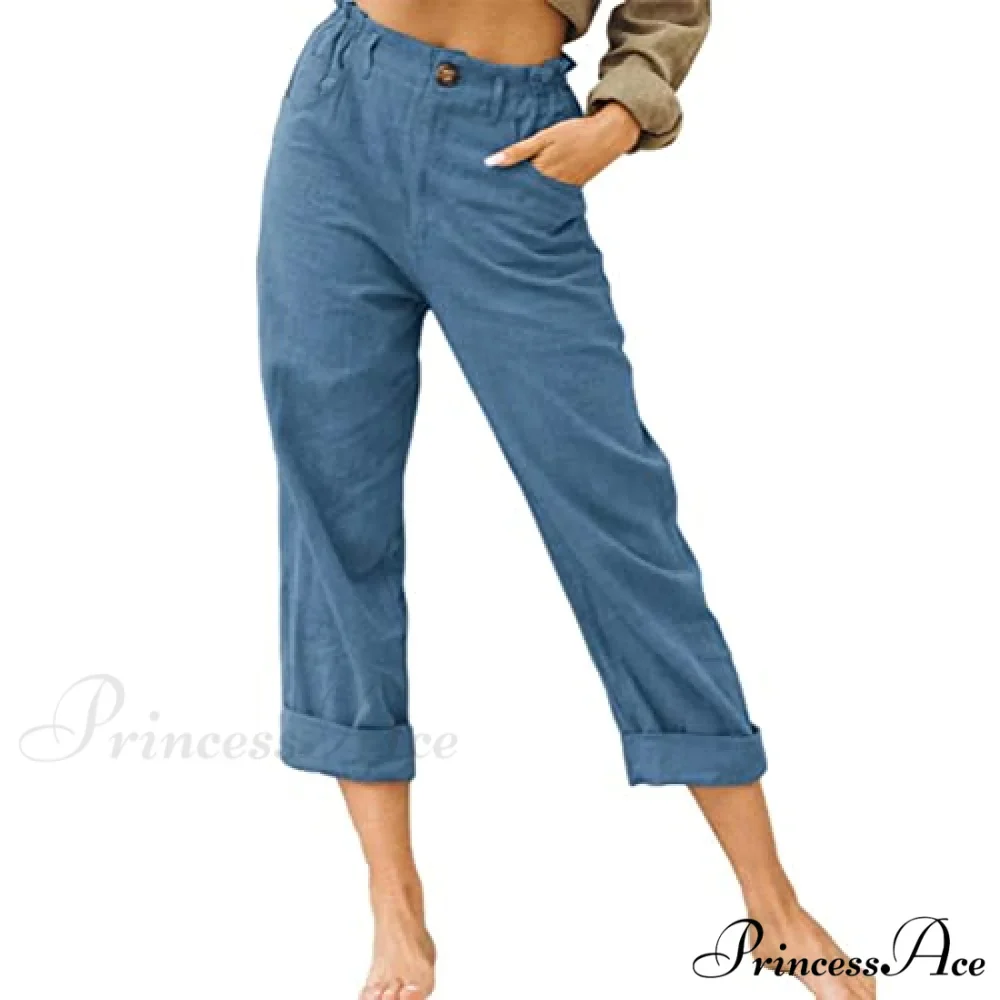 Linen Buttons Cropped Pants High Elastic Waist Stretch Capris - Image 8