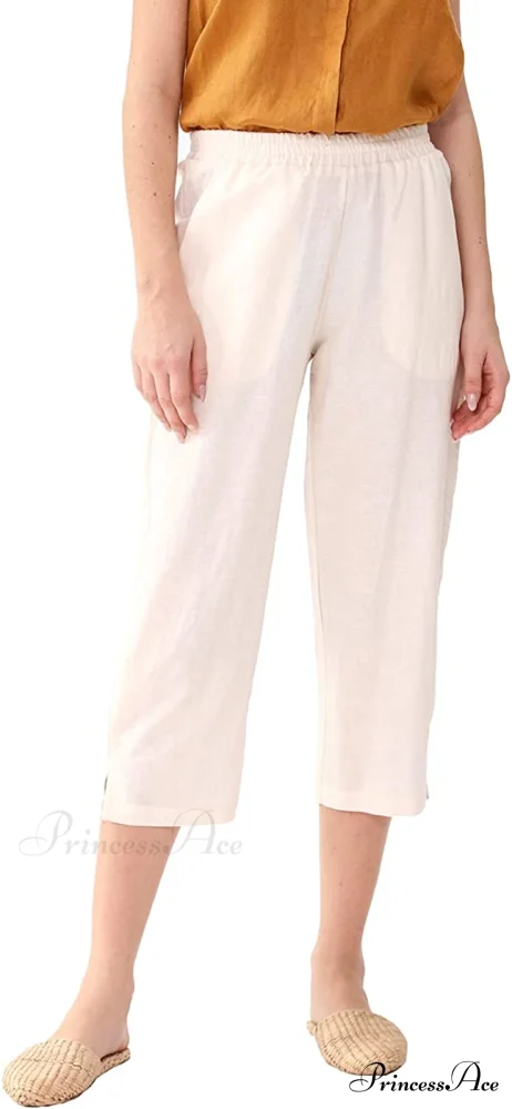 Womens Linen Capri Pants with Pockets Full Elastic Waistband Casual Pants - Image 16