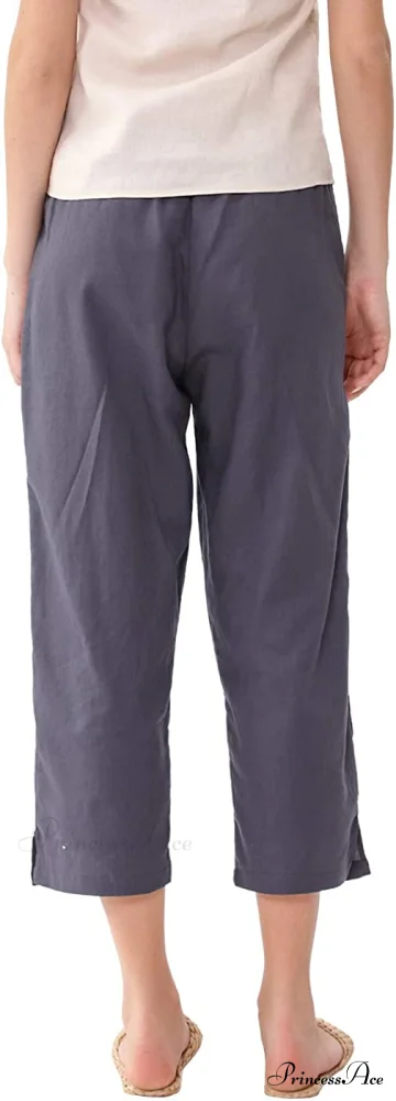 Womens Linen Capri Pants with Pockets Full Elastic Waistband Casual Pants - Image 2