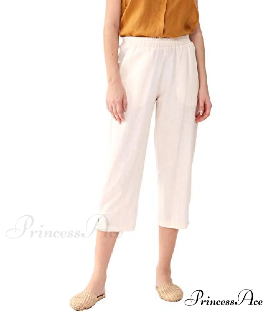 Womens Linen Capri Pants with Pockets Full Elastic Waistband Casual Pants - Image 27