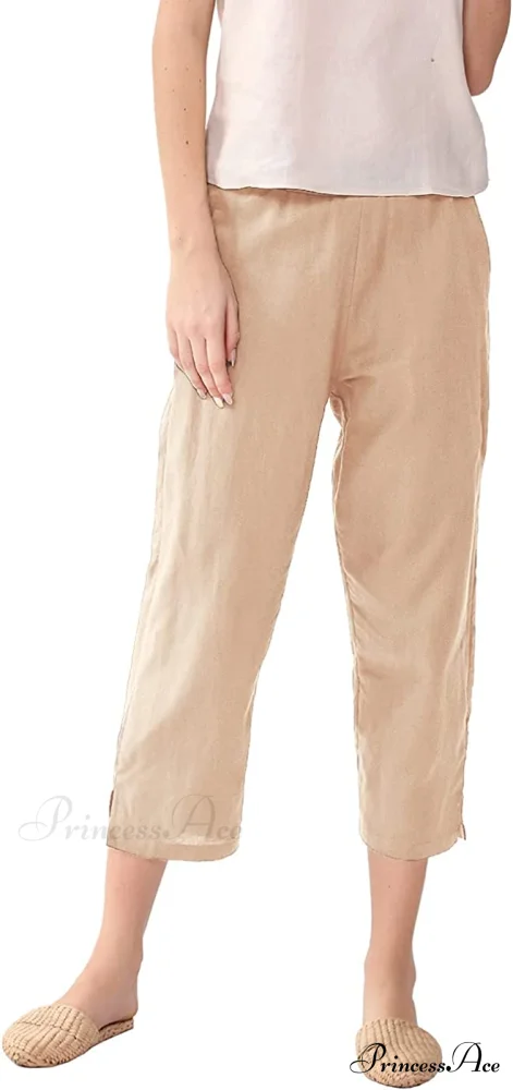 Womens Linen Capri Pants with Pockets Full Elastic Waistband Casual Pants - Image 30